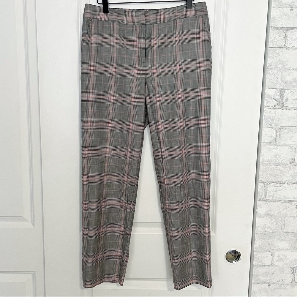 ST JOHN silk wool blend glen plaid trousers checked academia straight leg